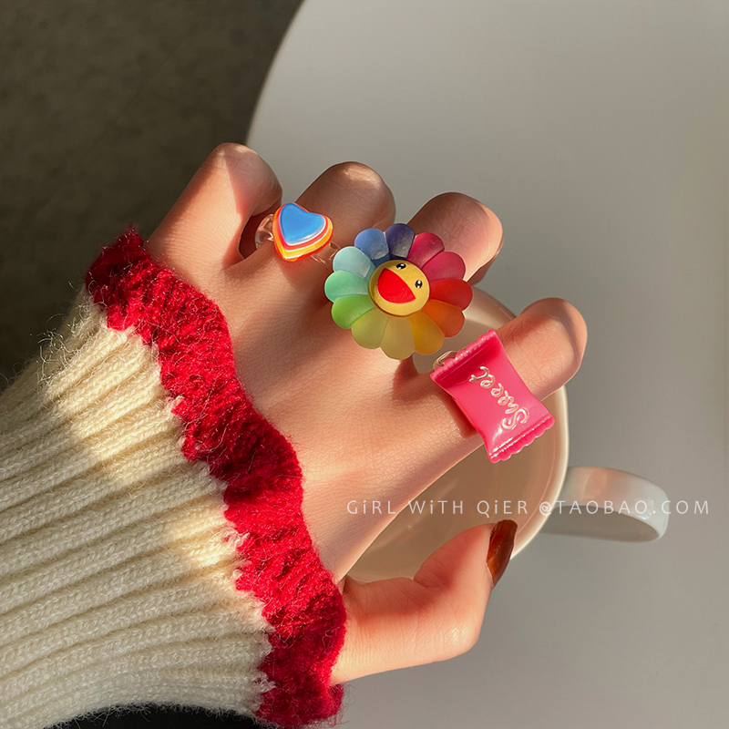 可爱卡通童趣戒指女亚克力树脂食指戒ins小众设计简约彩虹指环潮