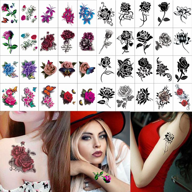 【40张套装】纹身贴防水女持久3D立体黑色玫瑰花身体彩绘刺青贴