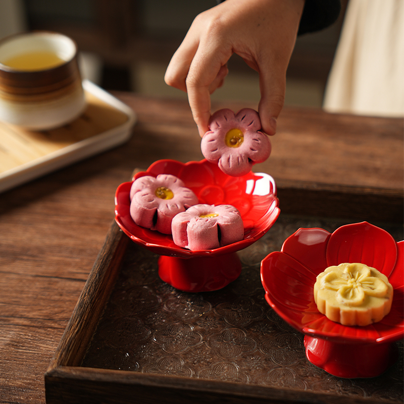 舍里中式陶瓷高脚水果盘创意结婚点心盘摆盘零食托盘红色复古供盘