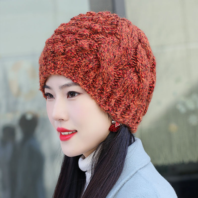 2023年冬季帽子女帽手工编织麻花毛线帽羊毛针织帽加绒保暖护耳帽