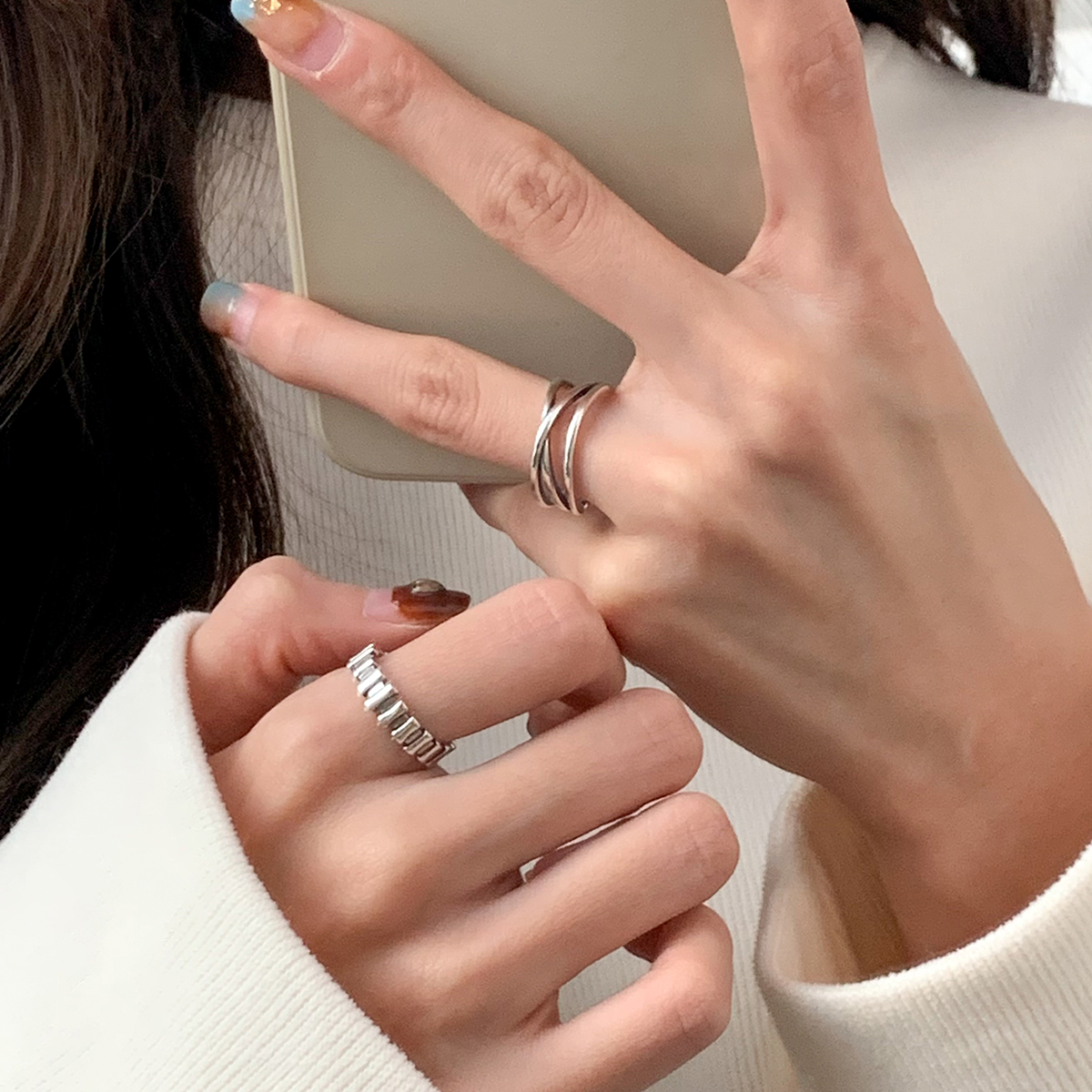 为晚复古线条纯银戒指女个性ins冷淡风小众设计感925银开口戒指环
