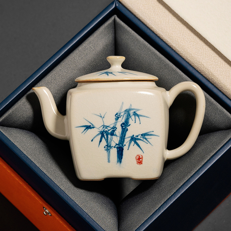 米黄汝窑手绘茶壶单壶家用陶瓷功夫茶具会客单个喝茶泡茶器开片