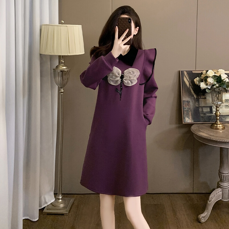 潮牌显瘦高级感休闲连衣裙女2024年春秋新款气质超好看紫色卫衣裙