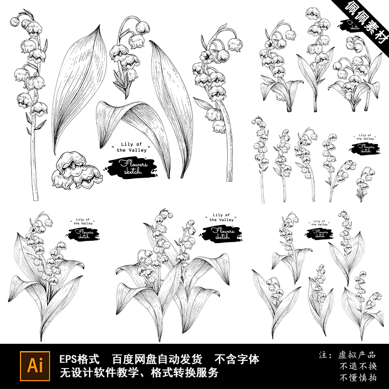 黑白线稿描线铃兰花朵树叶手绘素描插画婚礼背景AI矢量设计素材