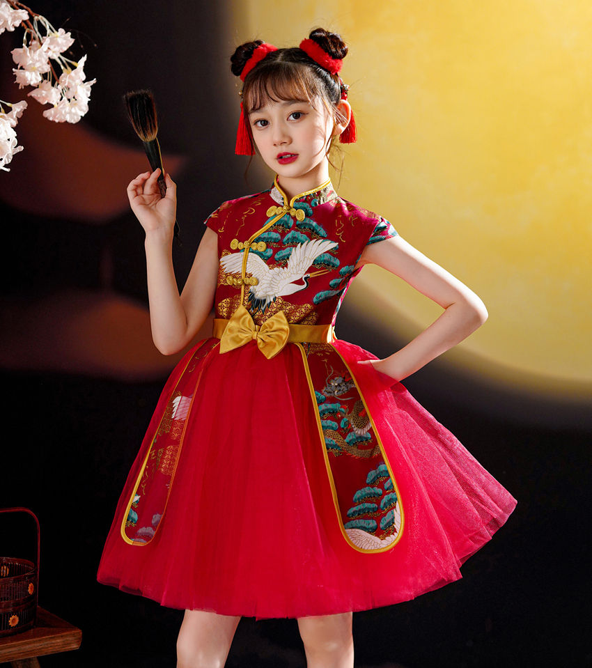 国潮女童旗袍夏季中国风红色洋气儿童礼服高端古风唐装走秀小女孩