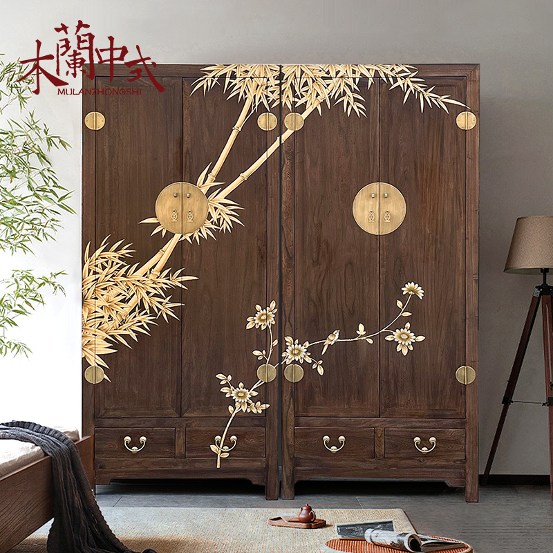 新中式彩绘衣柜描金储物立柜国风卧室衣橱榆木古典实木家具定制