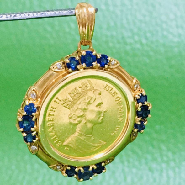 日本直邮18k黄金伊丽莎白女王头像和猫金币镶蓝宝石天然钻石包邮