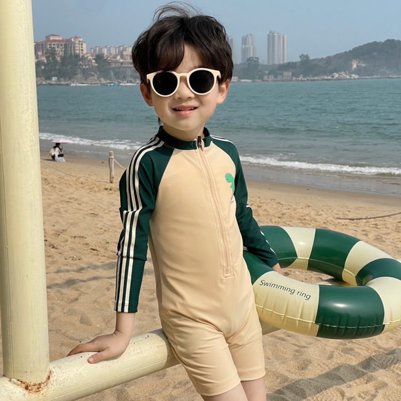 韩国男童泳衣夏季中小童连体长袖防晒泳装男孩海边洋气游泳衣恐龙