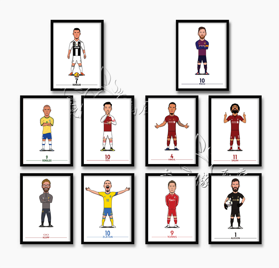 C罗梅西足球明星体育海报装饰画有框画挂画足球卡通画儿童房挂画