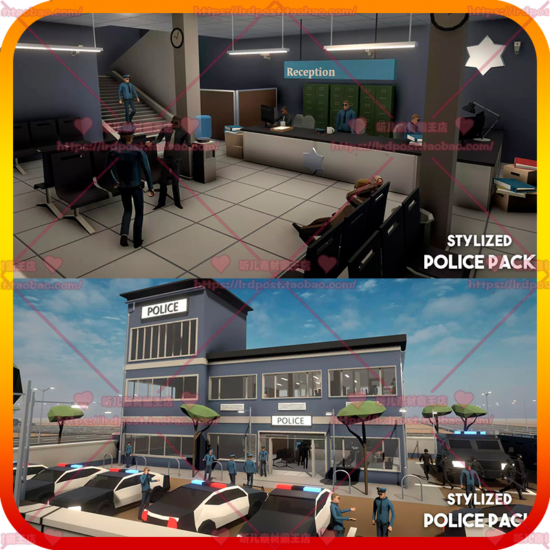Unity3d卡通低多边形警察局监牢接待厅办公桌椅电脑车辆场景模型