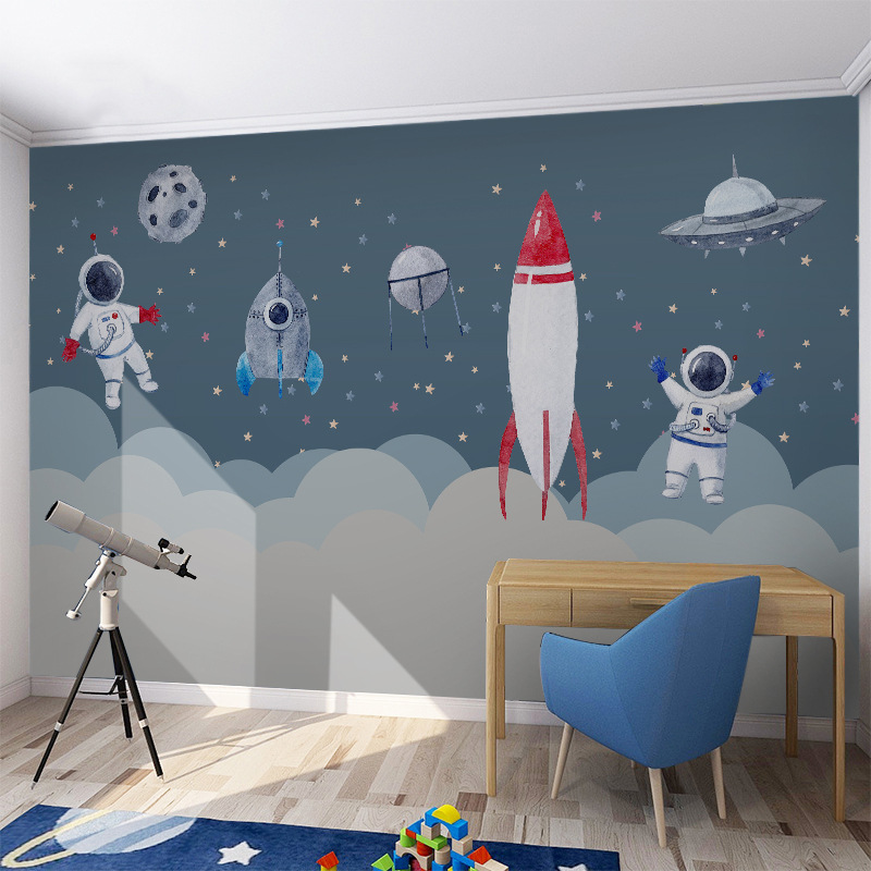 3d儿童房宇宙太空星空壁纸男孩卧室环保背景墙纸卡通动漫火箭墙布