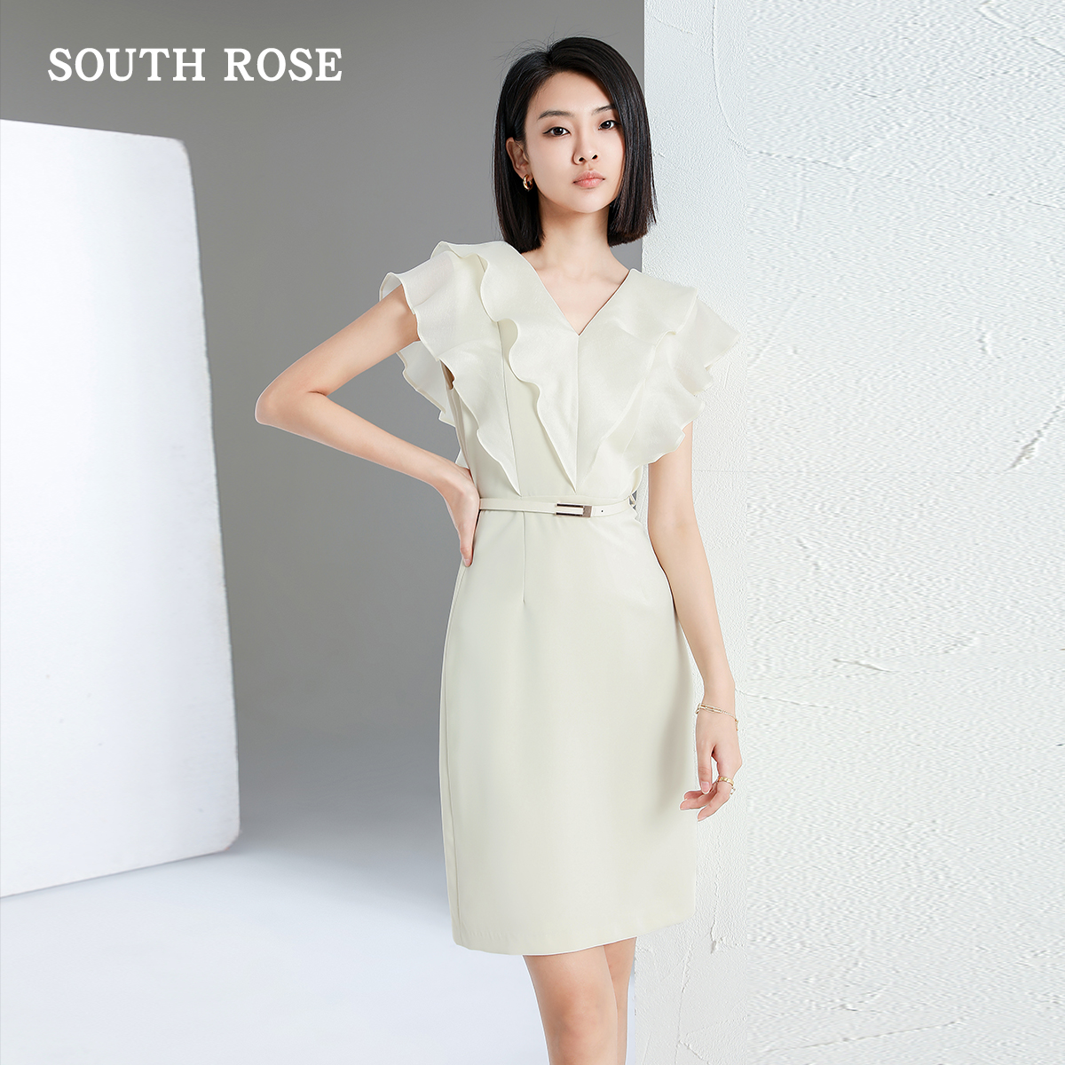 南有蔷薇连衣裙2024新款女气质显瘦高级感荷叶边一步裙知性收腰