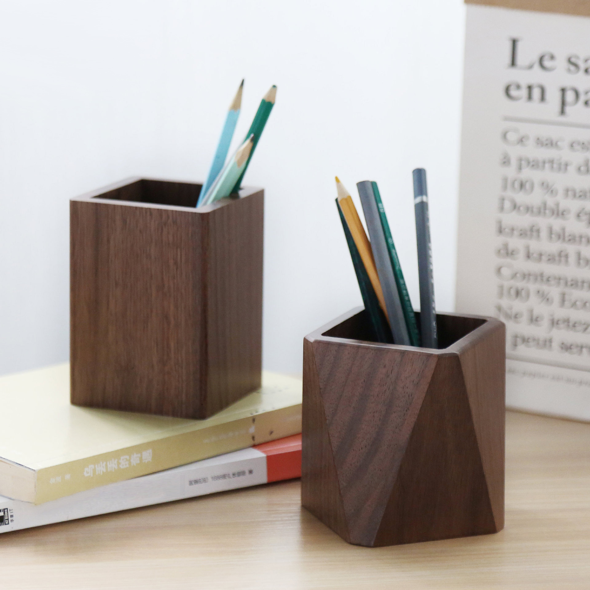 黑胡桃木质笔筒桌面实木笔盒学生笔插创意办公室多用笔筒榫卯结构