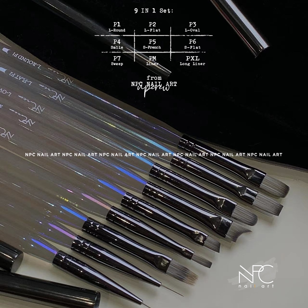 NPC定制 P系列黑骑士美甲笔刷 大方圆头拉线渐变法式光疗排笔套装