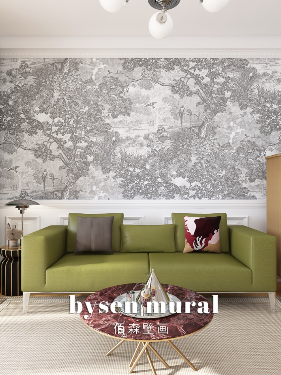 法式丛林动物客厅背景墙壁纸复古轻奢墙布2022年网红卧室美式壁画