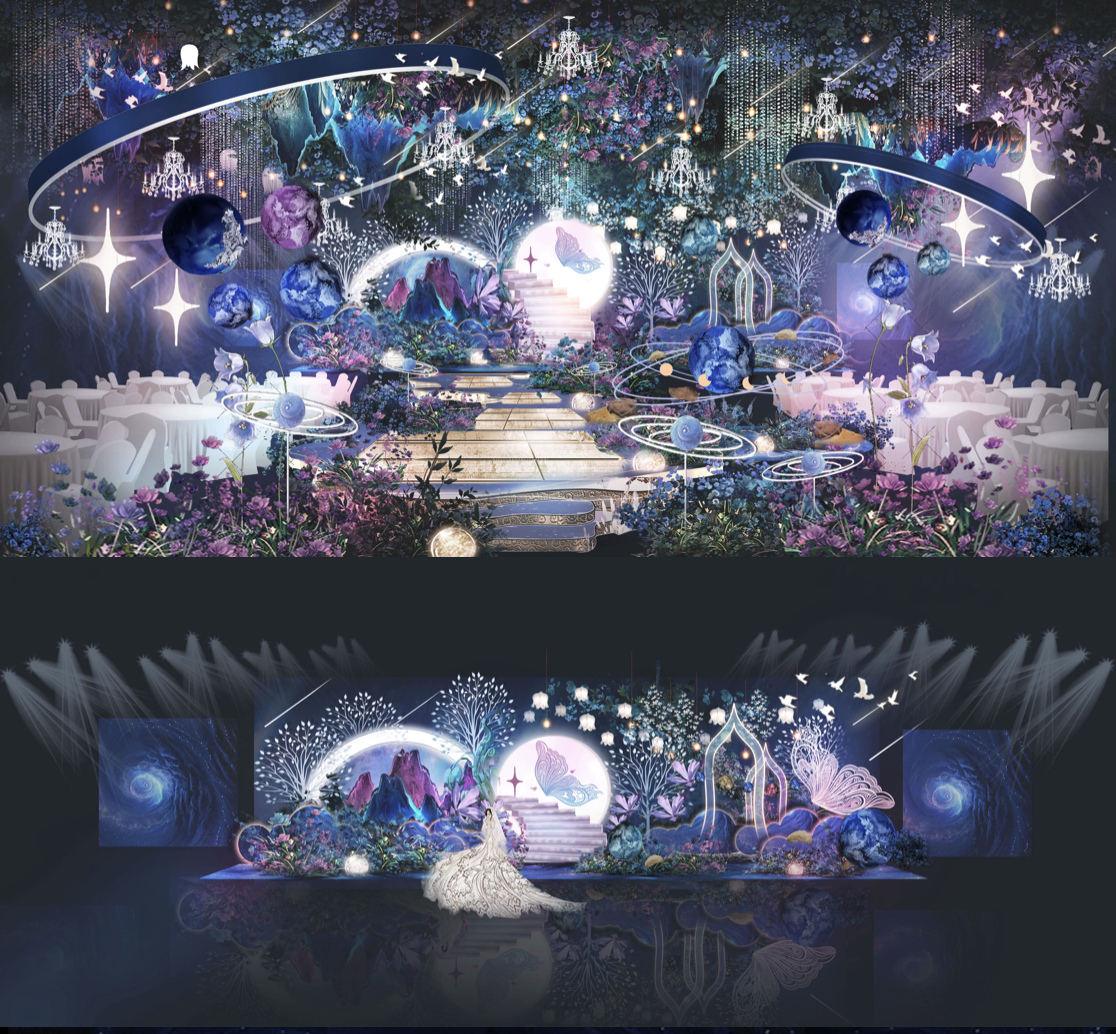 梦幻蓝紫色海洋星空吊顶婚礼效果图设计图道具素材psd分层文件