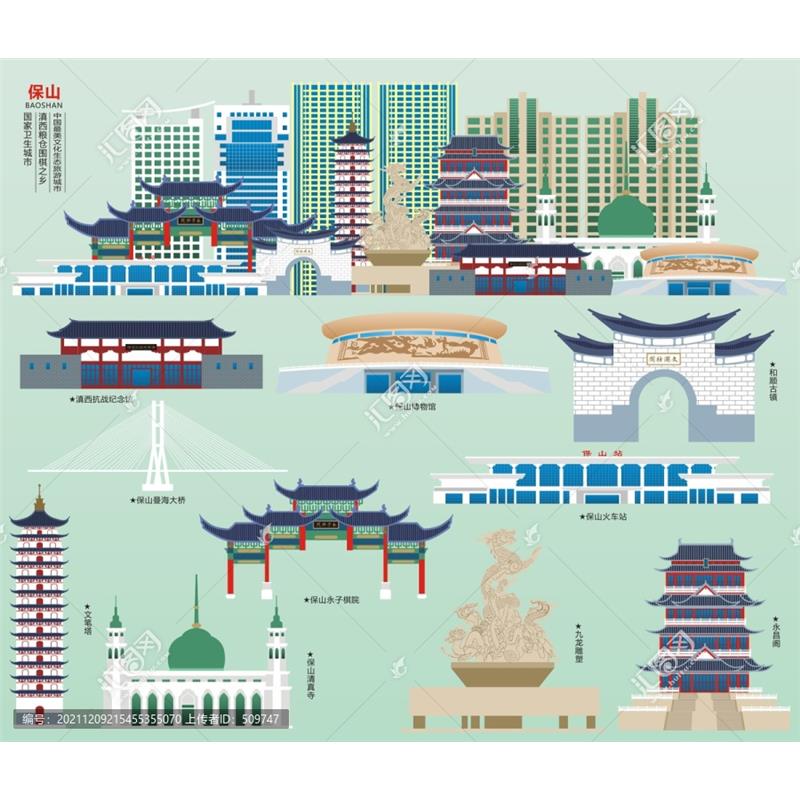 D698云南保山AI矢量地标旅游建筑海报设计线稿图城市剪影手绘插画