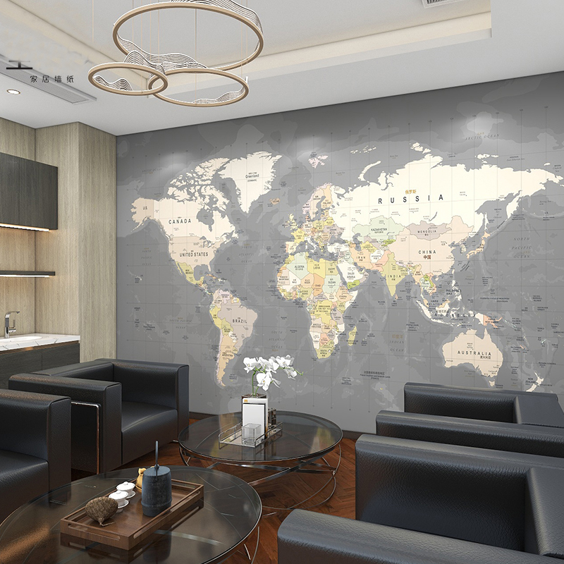 现代简约世界地图墙纸工业风主题酒店房间M灰色墙布办公室壁纸大