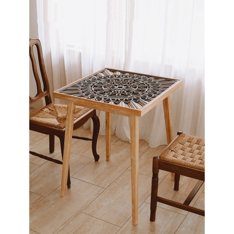 北欧实木叠雕方桌小户型餐桌日式民宿阳光房洽谈桌咖啡桌方形茶几