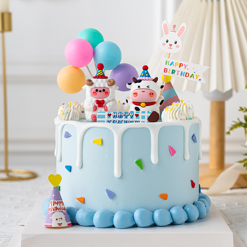儿童生日蛋糕装饰小牛小羊派对帽小动物摆件宝宝周岁派对卡通插牌