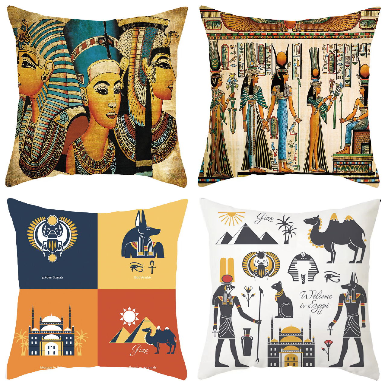 埃及壁画油画抱枕套红色卡通圣诞老人系列荷兰绒沙发靠垫套