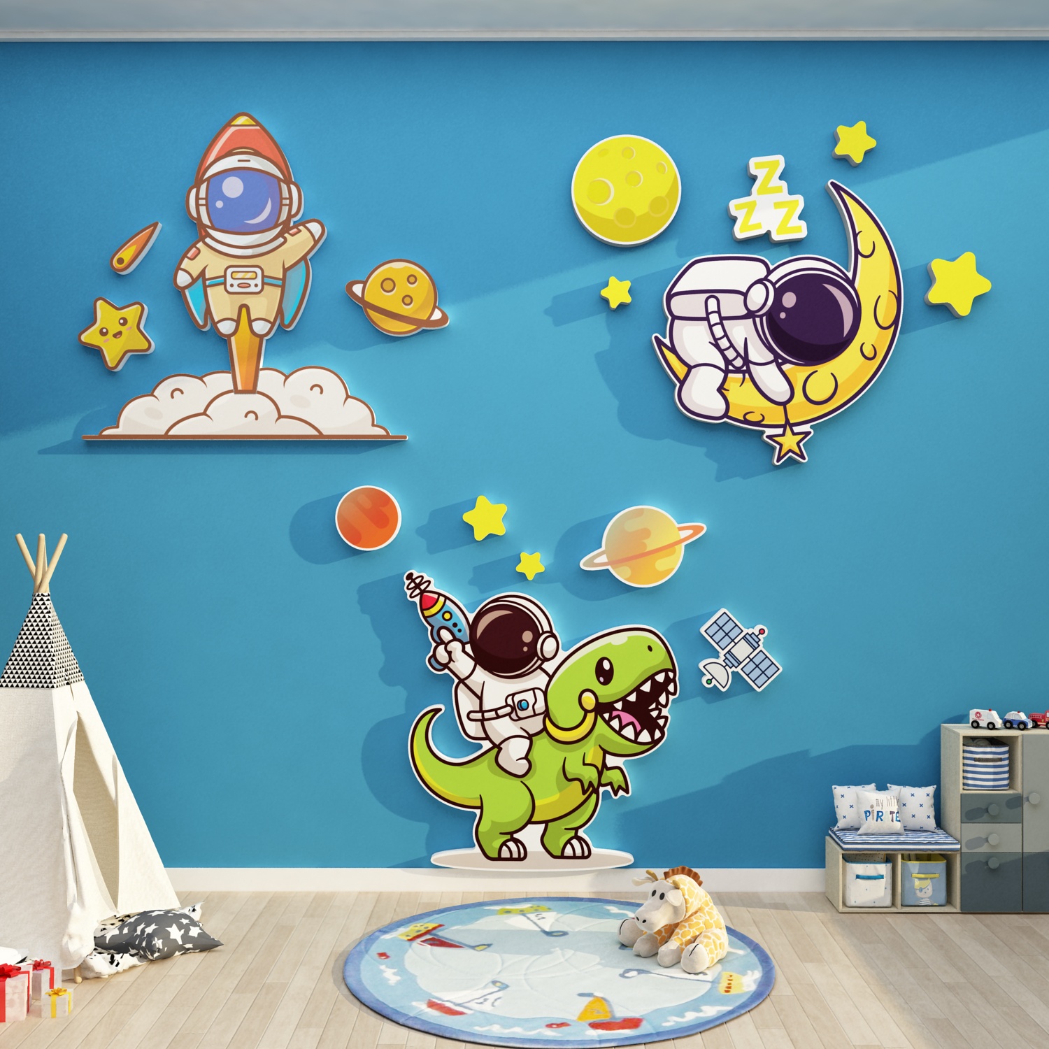 太空人主题卡通贴壁画儿童房间布置男孩卧室床头背景墙面装饰网红