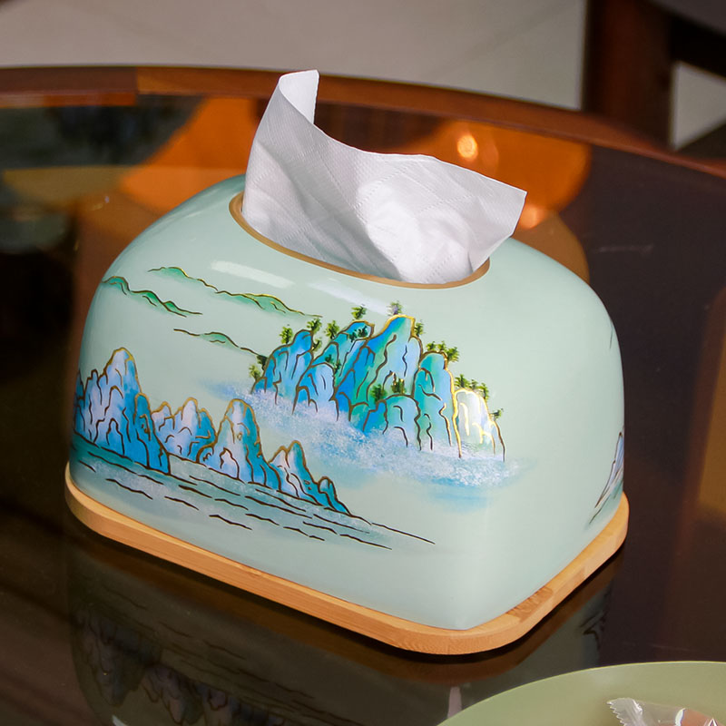 美式客厅家居纸巾盒国潮软装摆件青绿山水抽纸盒高档茶几餐厅装饰