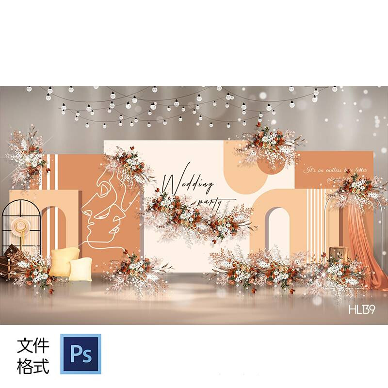 香槟橙色秋色系婚礼迎宾区效果图背景设计手绘花艺PSD素材