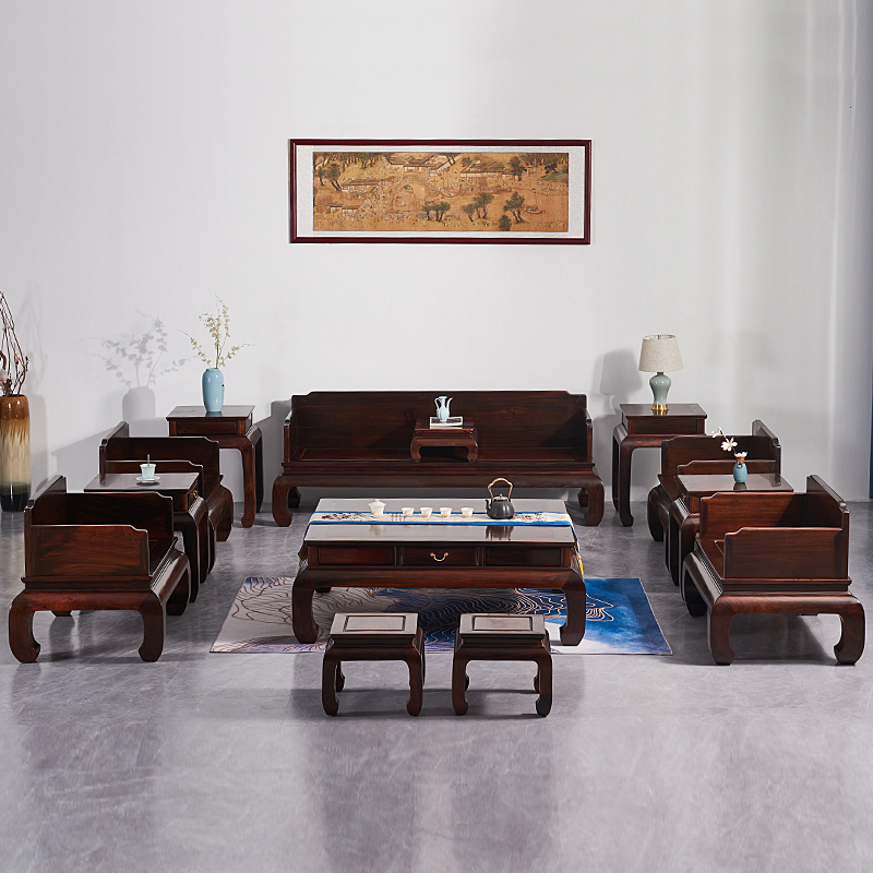老挝大红酸枝木素雅沙发十三件套交趾黄檀木红木家具全独板罗汉床