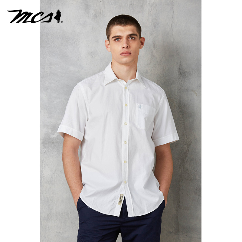 MCS男装源自万宝路新款纯棉商务正装白色透气百搭薄款短袖衬衫
