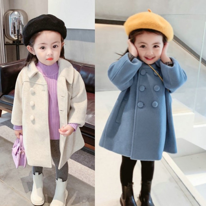 儿童韩版中长款加厚加棉大衣2024冬款女童双排扣呢子大衣宝宝外套