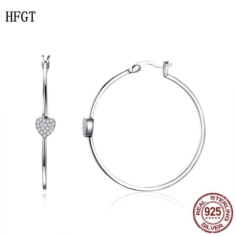 HFGT时尚圈圈耳环女圆形镀白金镶心形锆石S925纯银耳钉时尚个性