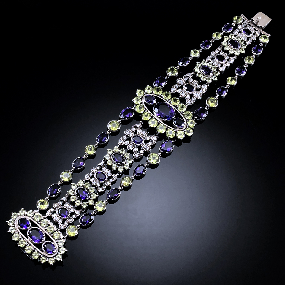 联合珠宝古董天然紫水晶/橄榄石/托帕石/紫水晶/缟玛瑙925银手链
