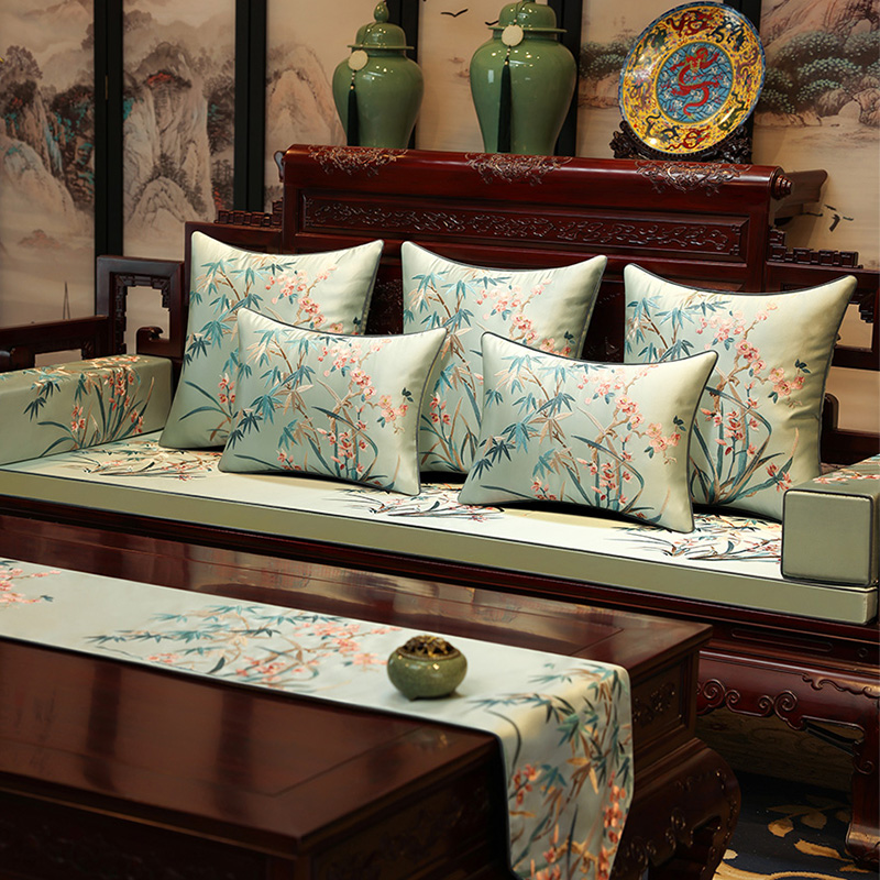 新中式红木沙发垫绸缎布艺绣花垫子定做乳胶垫实木椅子防滑坐垫套