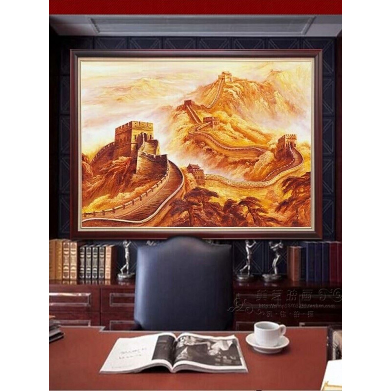 抬龙金色长城油画办公室客厅书房书柜手绘风景画新中式会议室定制