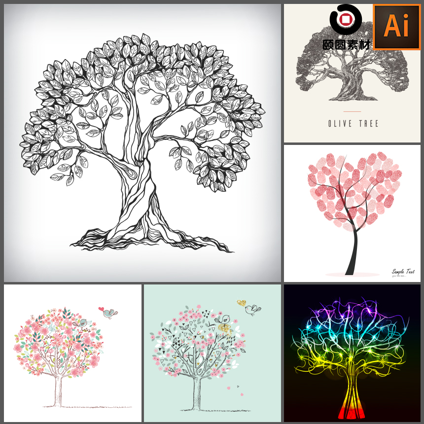 抽象手绘线描大树花树发光树装饰画插画AI矢量设计素材