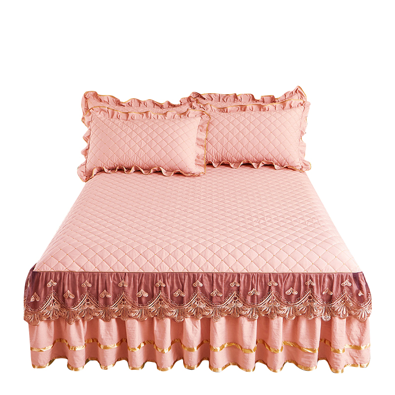 水洗棉加厚床裙式单件公主风夹棉床罩三件套床头罩床套床笠单防滑
