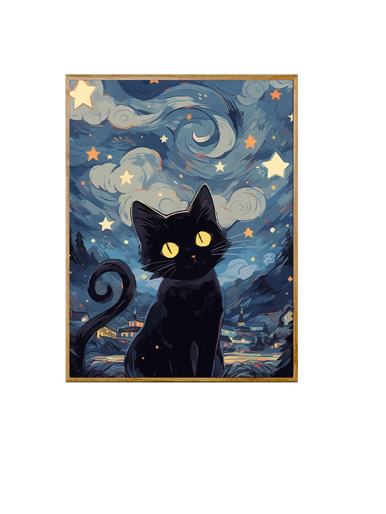 星空猫咪数字油画diy填色画画填充手绘丙烯卡通高级感油彩画装饰