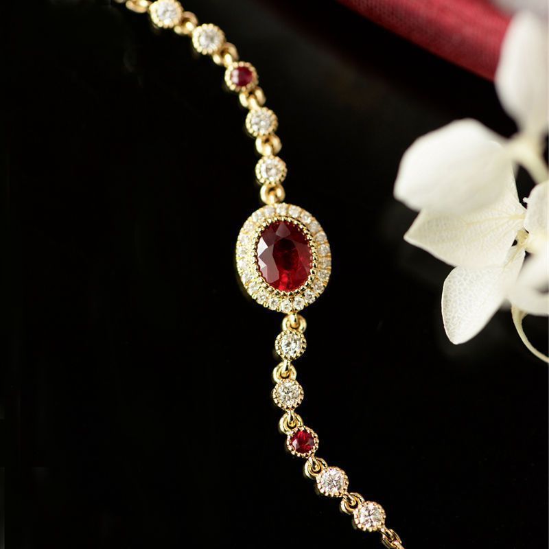 小众仿天然红宝石镀S925银镶钻石手链可调节复古时尚百搭女款礼品
