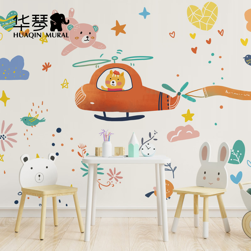 卡通动物飞行员男孩女孩儿童房墙纸壁纸环保墙布壁布大型壁画定制