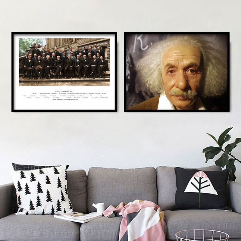 索尔维会议装饰画科学家爱因斯坦挂画海报科学家名人黑白复古壁画