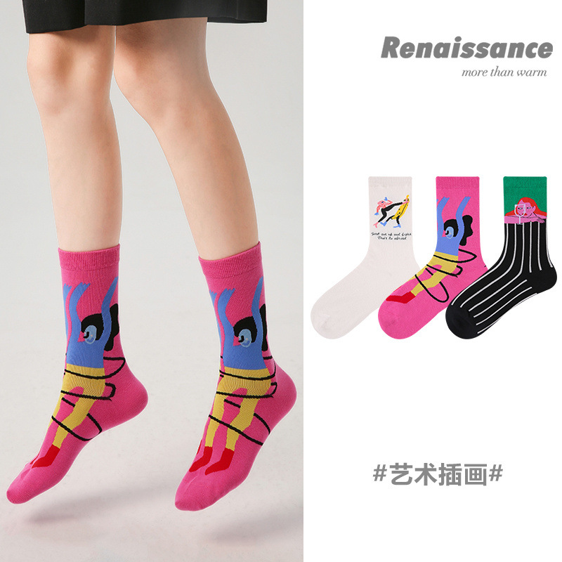 【3双】Renaissance文艺复兴女袜秋季艺术插画复古潮袜精梳棉袜