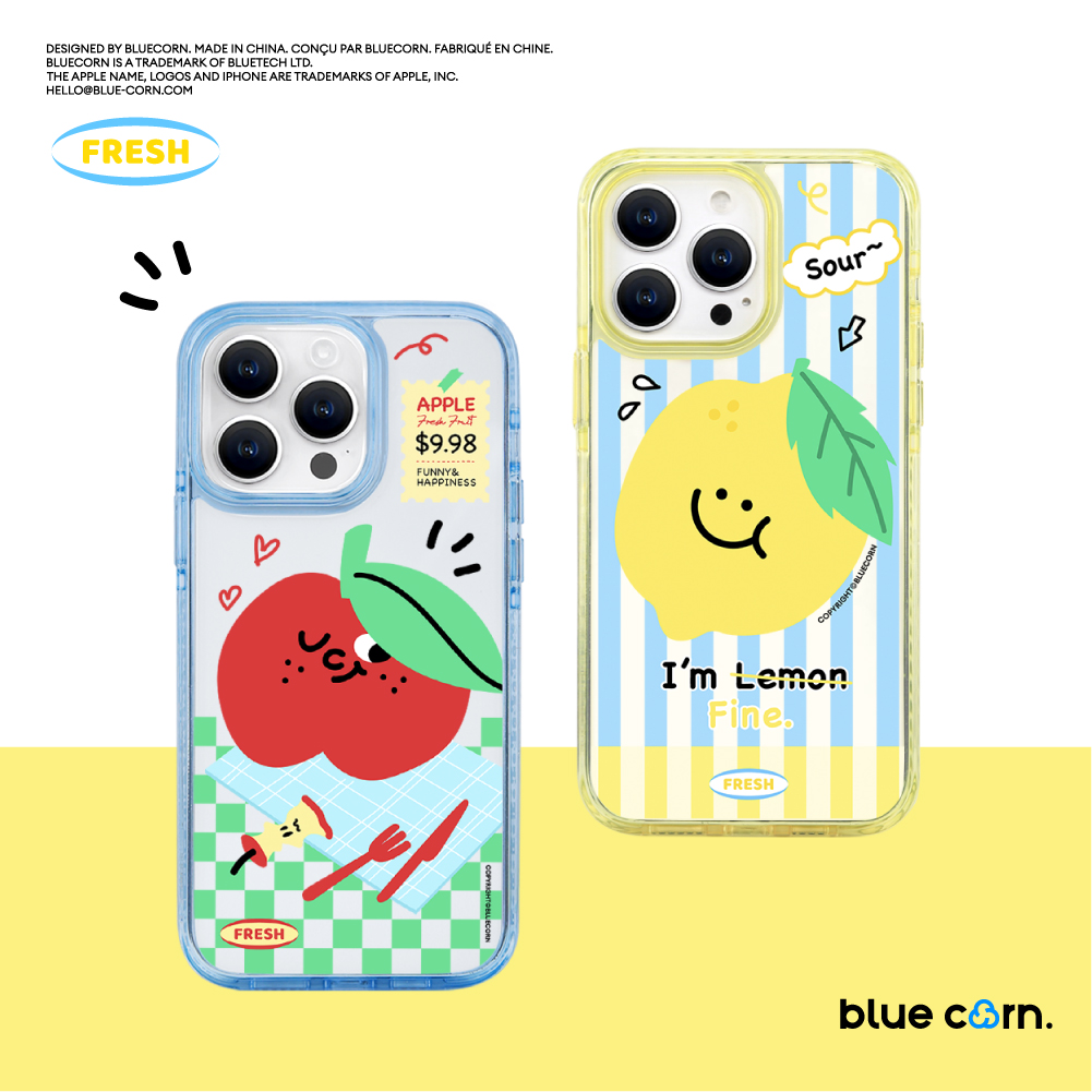 【bluecorn】蓝色苞米顽皮果子柠檬酸了水果表情适用于iPhone 15 14 13 PRO MAX magsafe镜面磁吸防摔手机壳