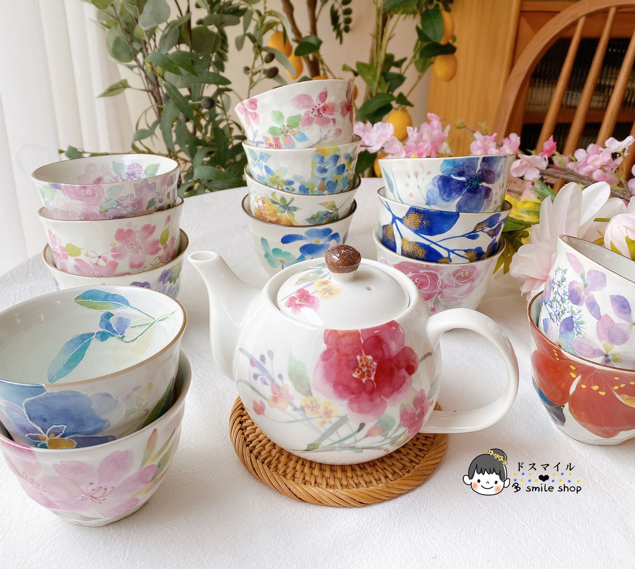 包邮现货日本进口美浓烧和蓝花语繁花樱陶瓷茶壶茶杯汤吞杯子