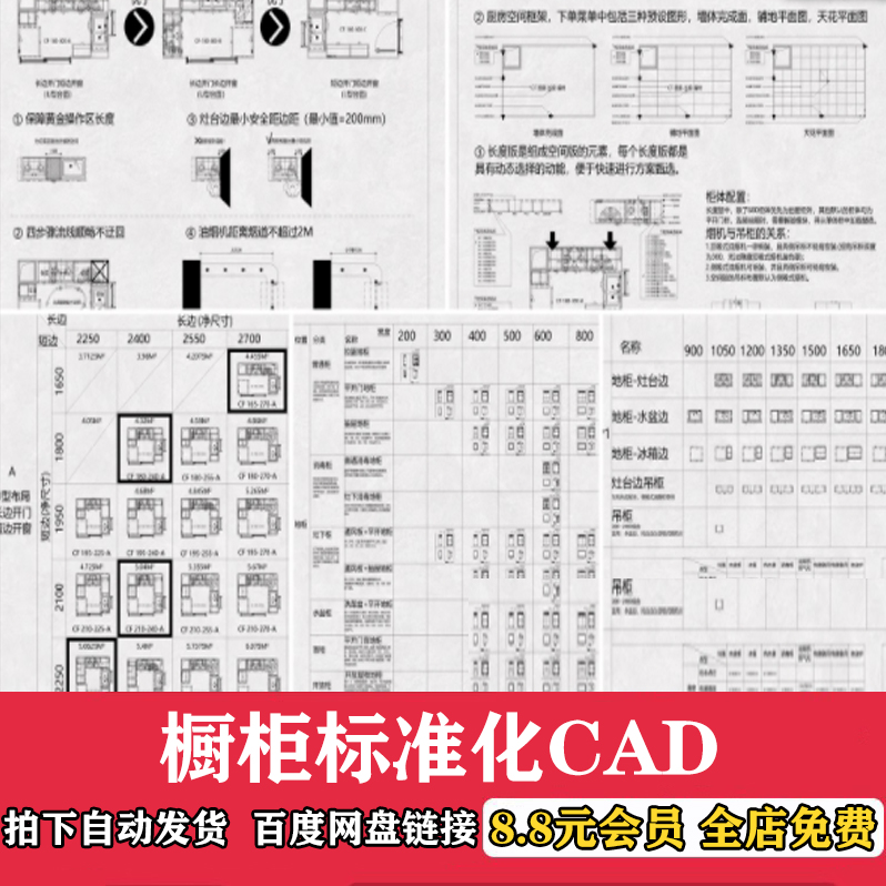 2024厨房橱柜标准化规范设计CAD图库柜子框架门板布局CAD施工图纸