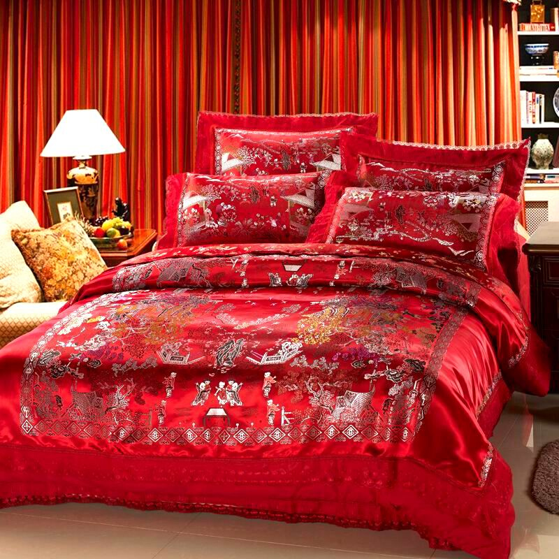 龙凤百子图婚庆用床品大红色结婚四件套绸缎床单被套床上用品包邮
