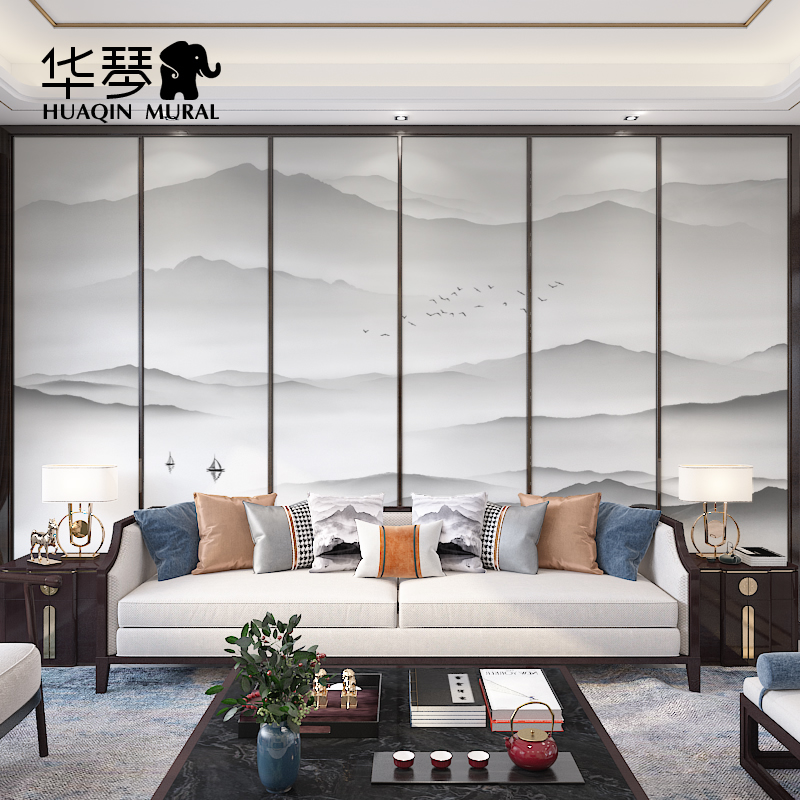 现代新中式意境大气黑白山水壁纸客厅墙纸壁画电视背景墙壁布墙布