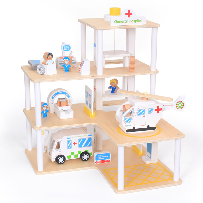 儿童小医院套装仿真情景模拟早教木制木质直升机救护车医生玩具