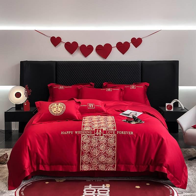 新中式100支红色四件套新婚庆结婚床上用品婚嫁全棉喜被纯棉床单