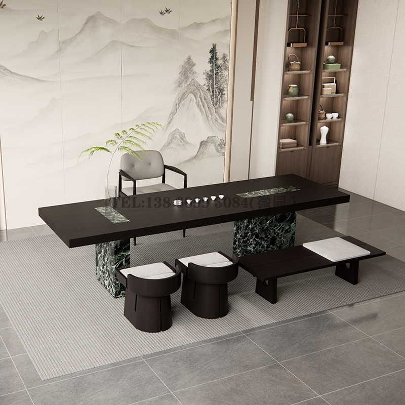 新中轻式奢岩板茶台简约现代实木茶桌椅组合设计师高端家具定制